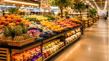 Produce on shelves in the grocery store